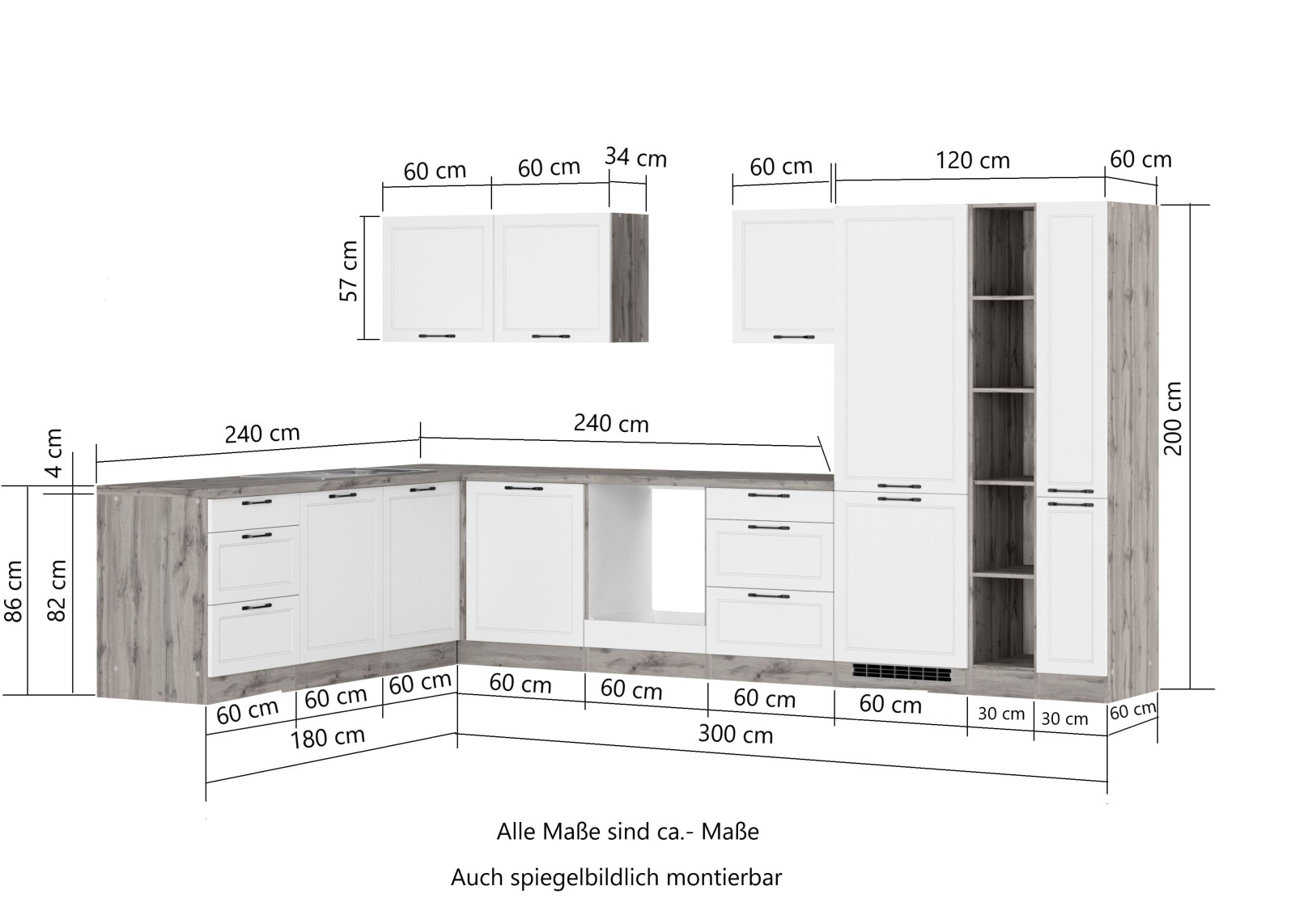 Winkelküche MERAN - grau - Wotaneiche - mit E-Geräten - 240x360 cm
