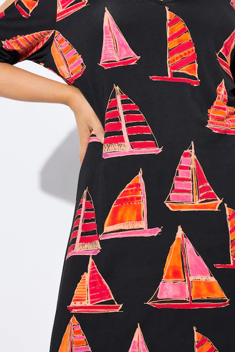 Strandkleid, Boote, A-Linie, V-Ausschnitt, Halbarm, schwarz