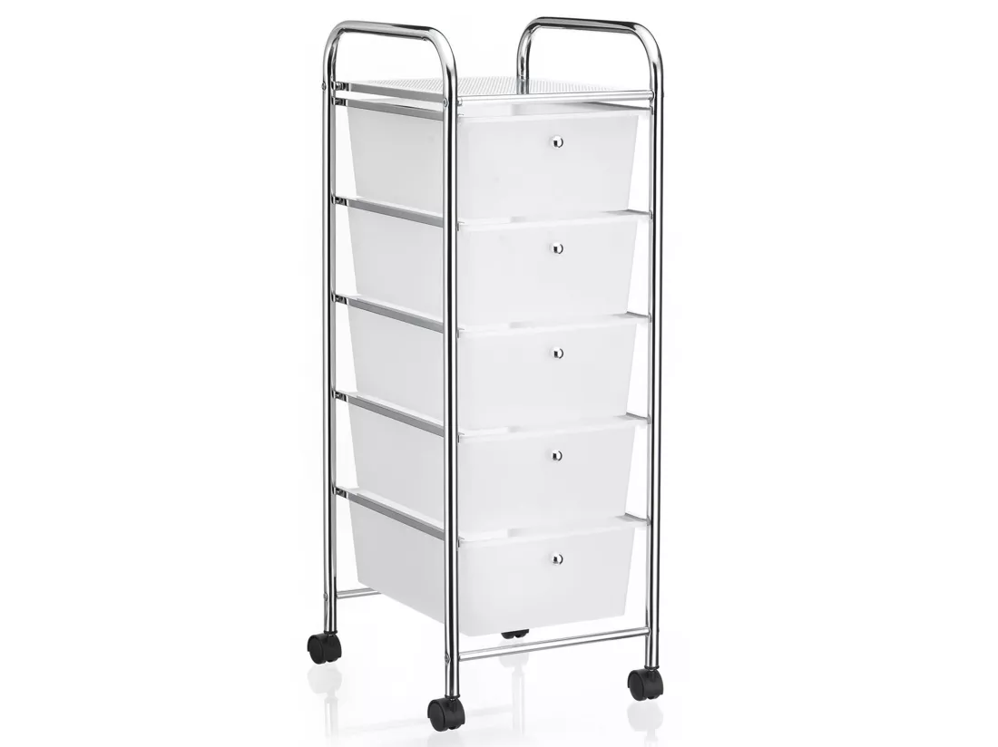 Caisson sur roulettes GINA chariot avec 5 tiroirs en plastique blanc transparent et 1 étagère, rangement salle de bain