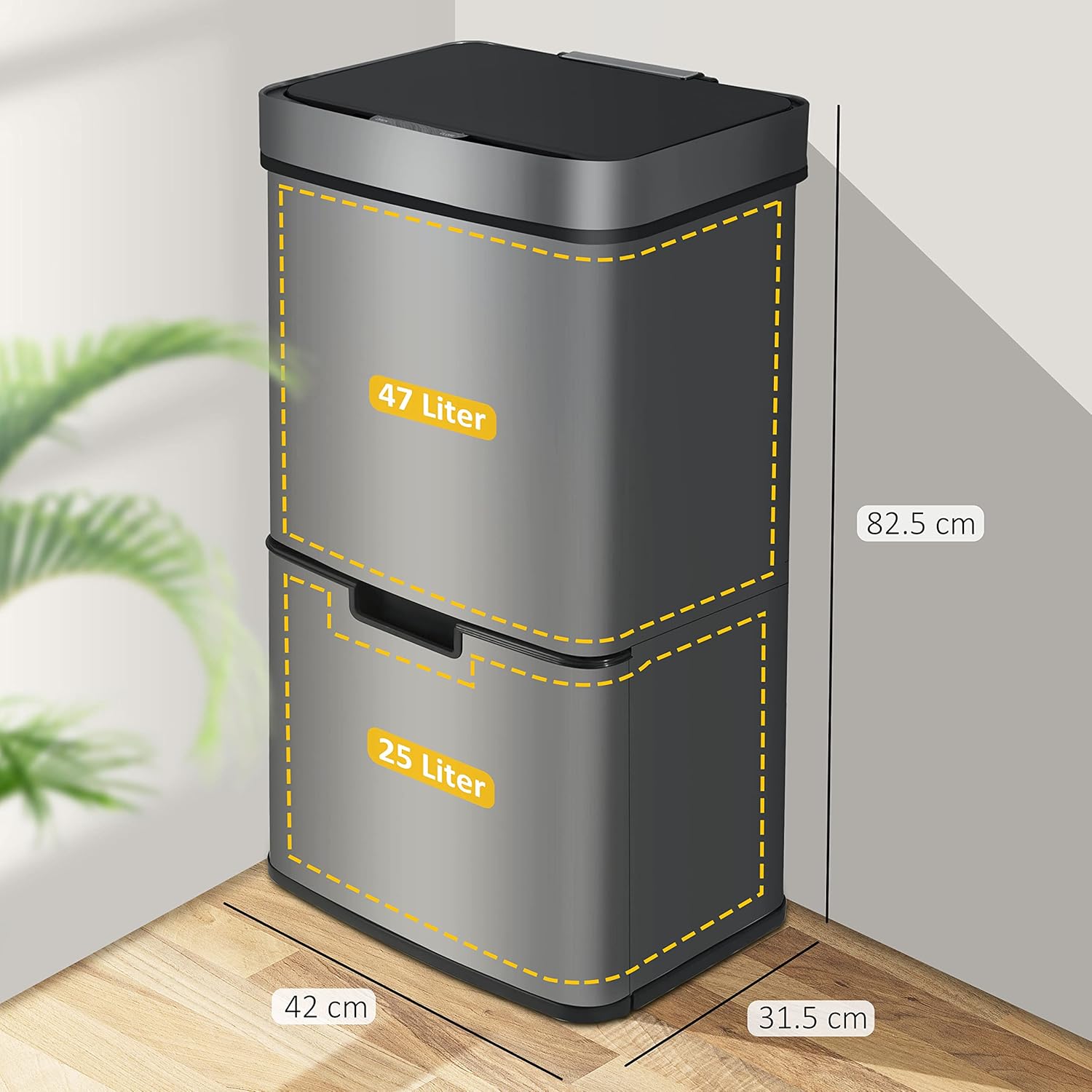 Ribelli Edelstahl - Mülltrennsysteme mit 3+1 Fächer - Mülleimer mit Sensor - 72 Liter (2x12 + 1x48 L) - Design Treteimer aus Edelstahl - Grau