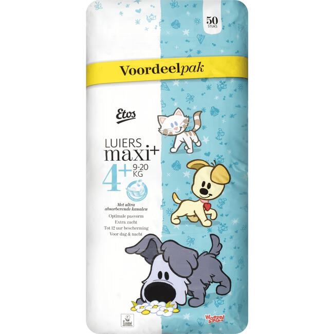 Etos Woezel & Pip Luiers Maxi Plus Voordeelpak Maat 4+ 9-20 kg 50 stuks