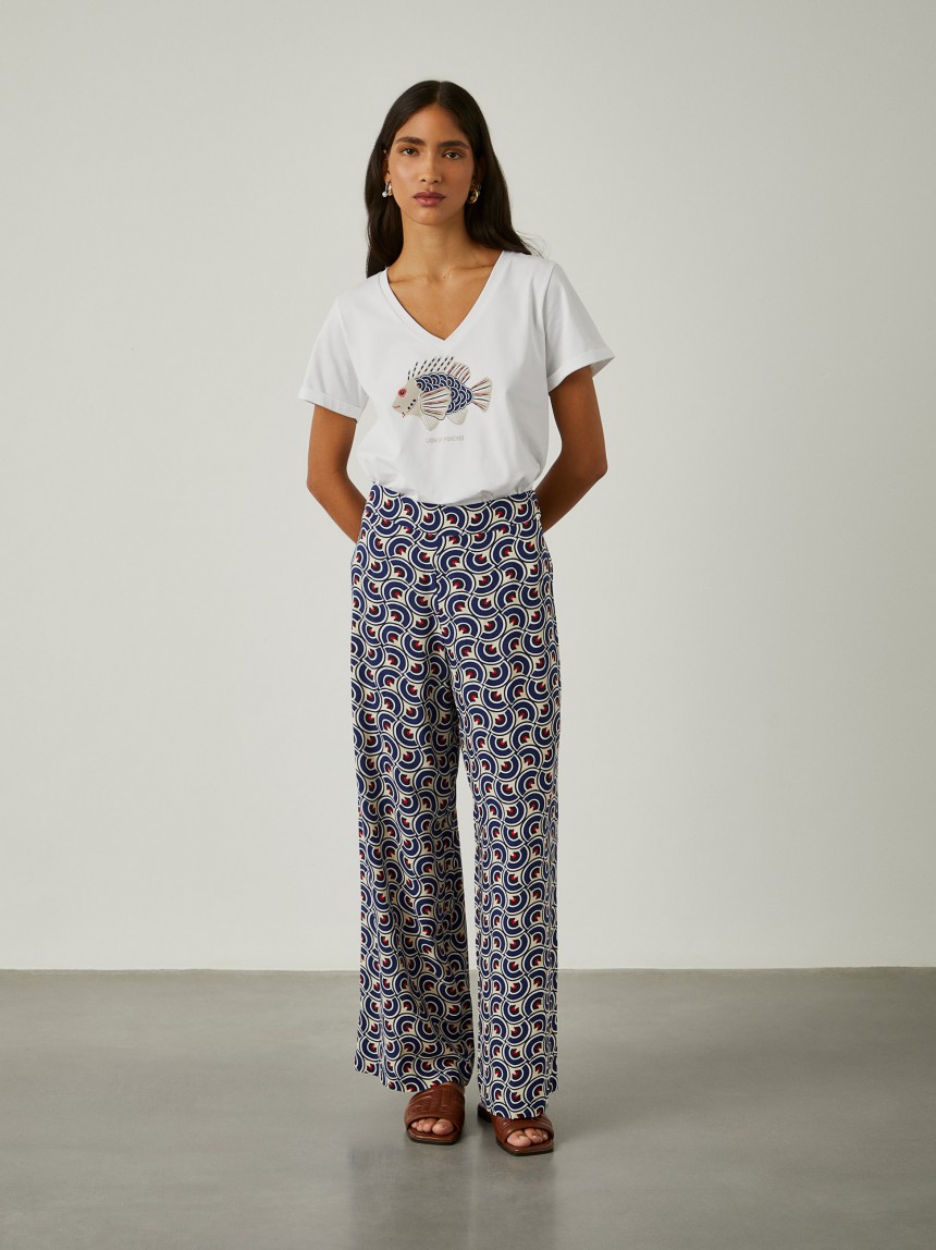 Calças pantalona com padrão geométrico
