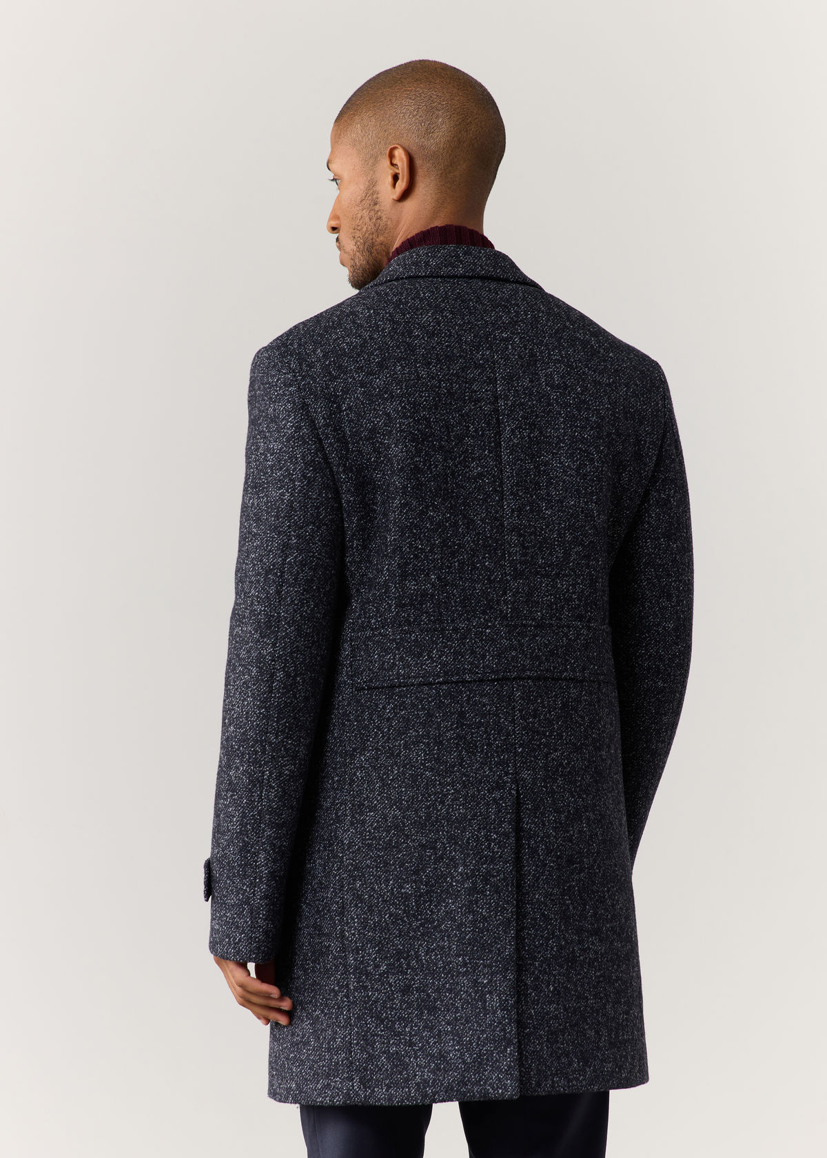Manteau en laine mélangée unie bleu jeans à capuche amovible