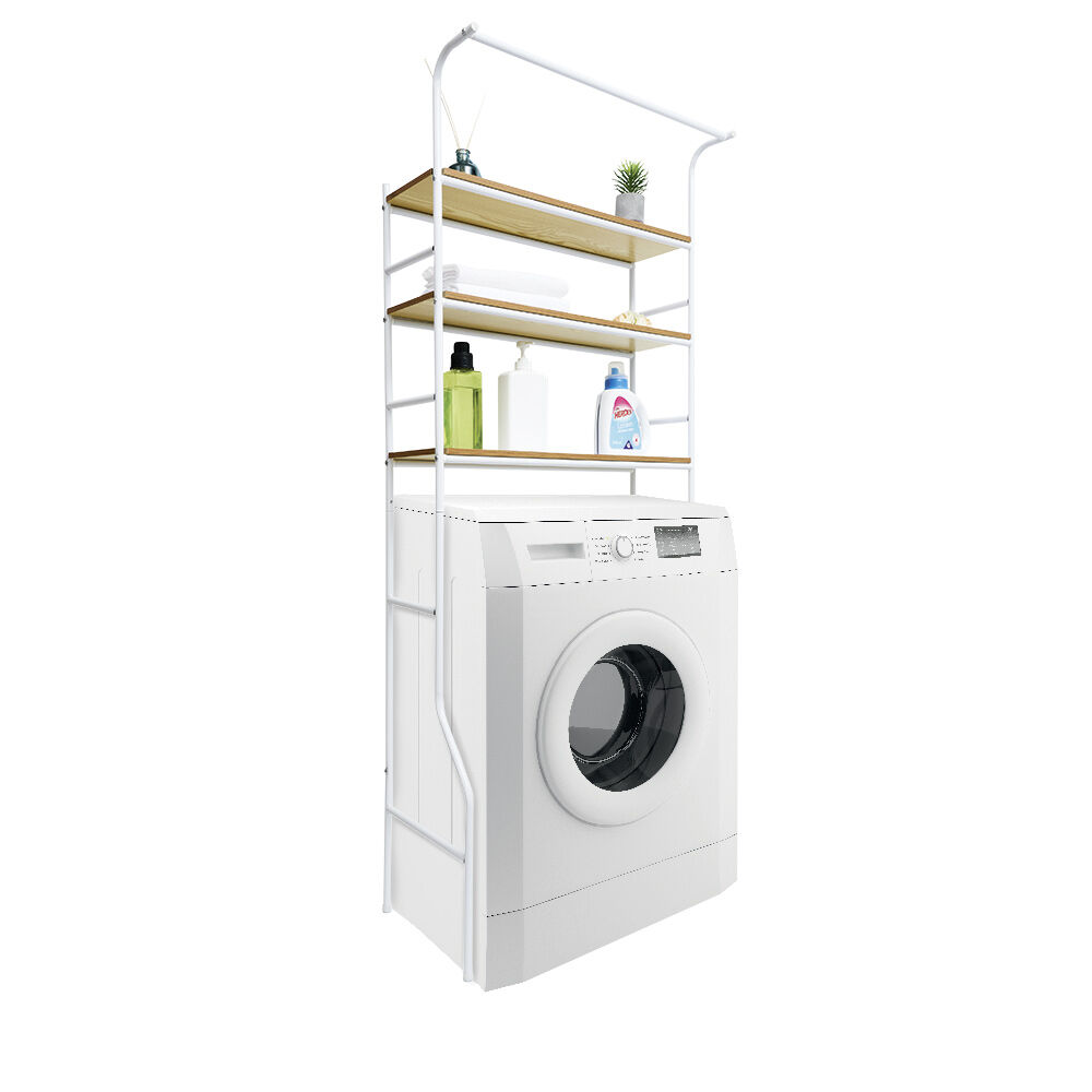 Meuble buanderie métal bois blanc et naturel 3 niveaux