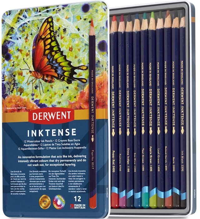 Fargeblyanter Inktense 12-pakning i metallboks Derwent