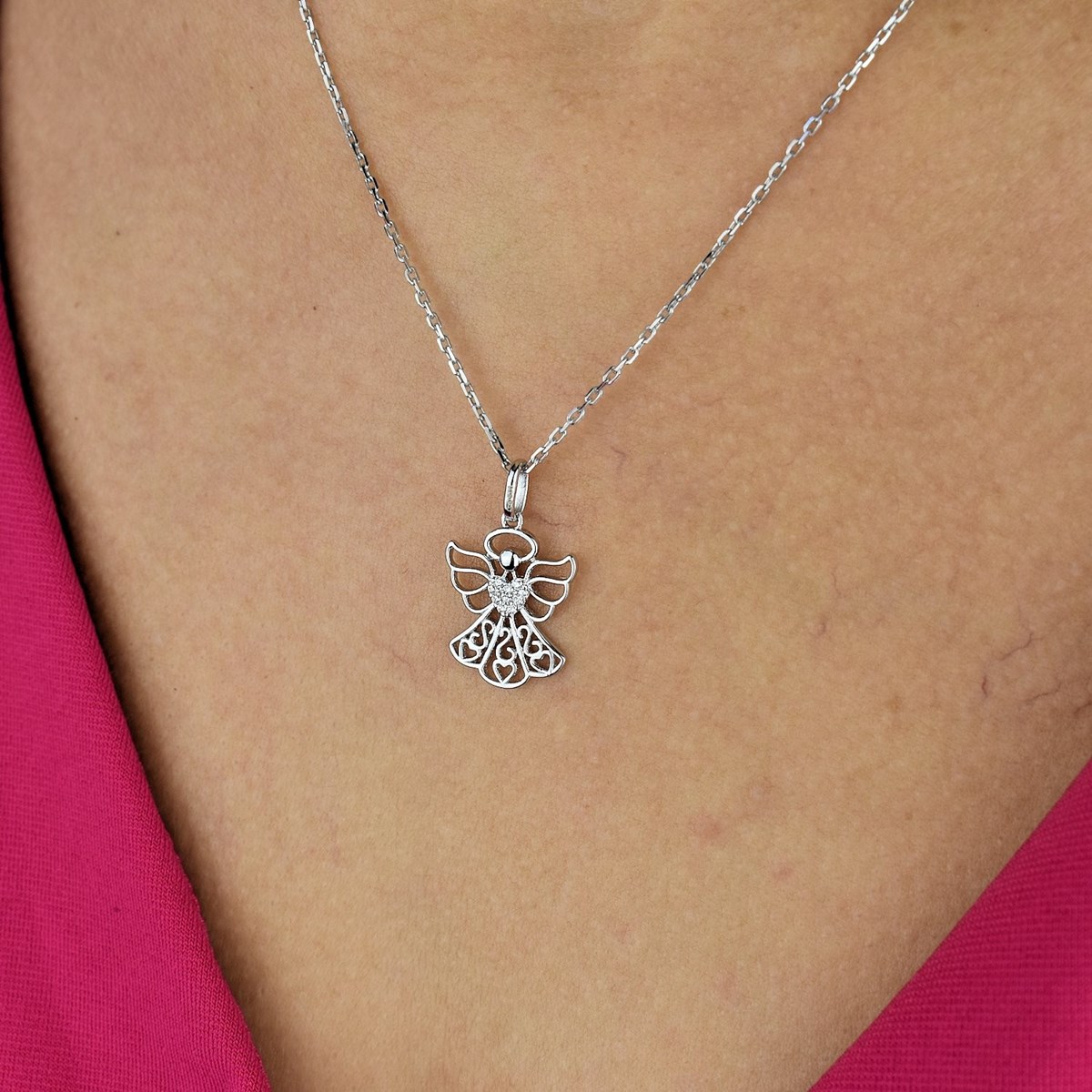 Collier ange protecteur coeur serti d'oxydes de zirconium Argent 925 Rhodié