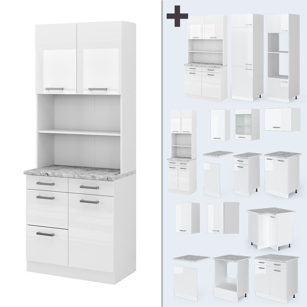 Vicco Buffetküche Küchenzeile Küchenblock R-Line Weiß Hochglanz modern 80 cm Arbeitsplatte Küchenschränke Küchenmöbel
