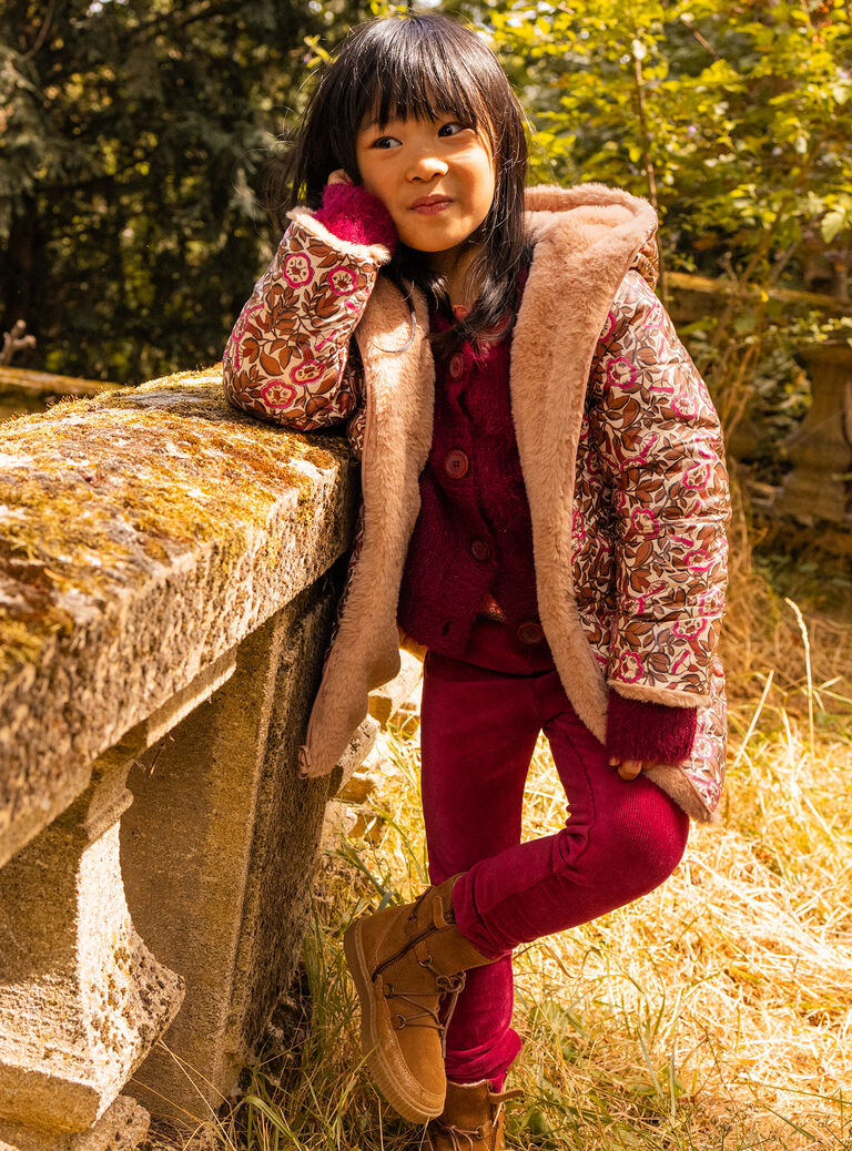 Parka à capuche réversible rose et noisette