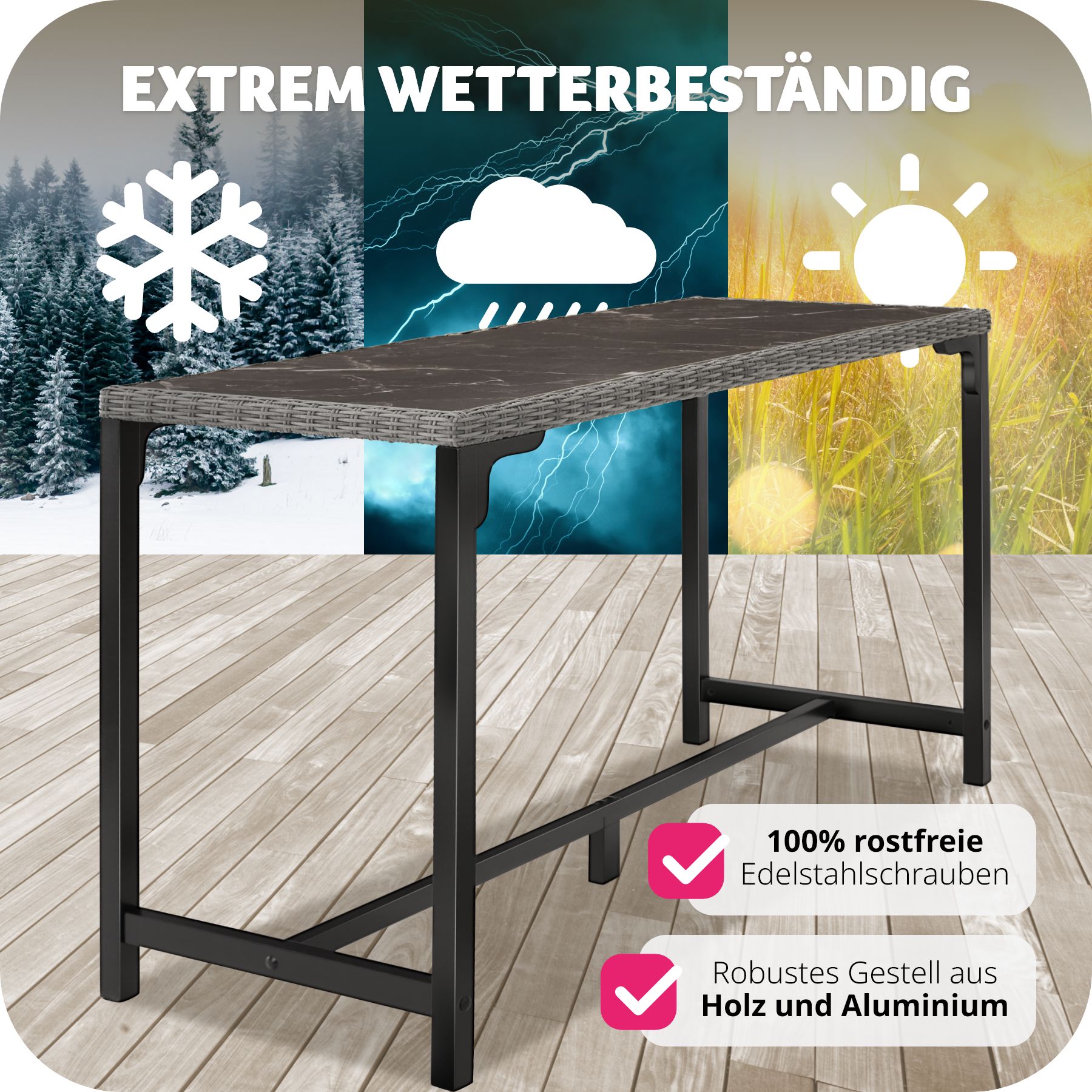 tectake® Rattan Tisch, mit Aluminium- und Holzgestell, wetterfest und UV-beständig, 161 x 64,5 x 99,5 cm