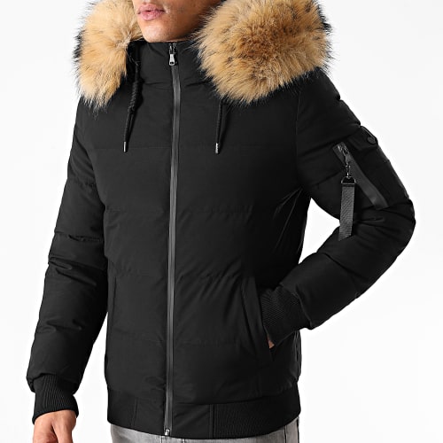 Doudoune Capuche Poche Bomber Avec Fourrure Noir Beige