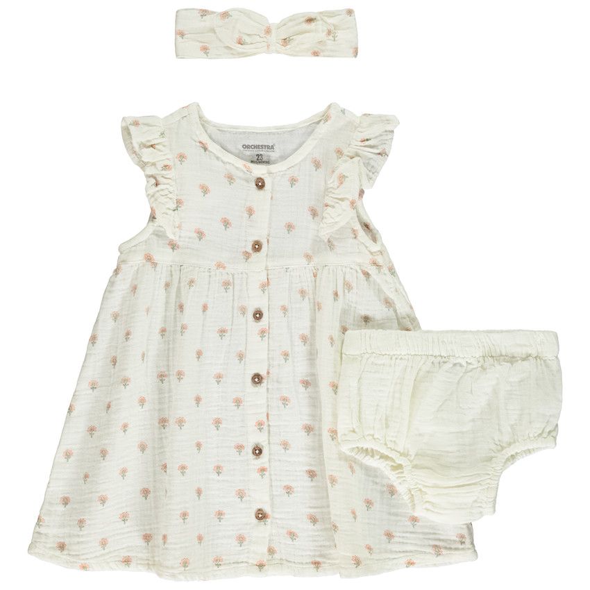 Ensemble 3 pièces en double gaze imprimé floral pour bébé fille - Ecru