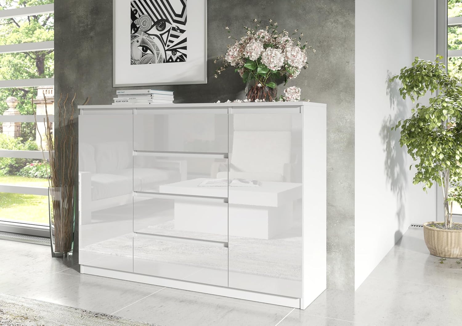 meble masztalerz Kommode mit 4 Schubladen und 2 Türen 140 cm, Sideboard Wohnzimmer, Schlafzimmer H: 101,5 cm, B: 138,6 cm, T: 39 cm Kommode mit Schubladen, Schubladenschrank (Weiss Hochglanz)