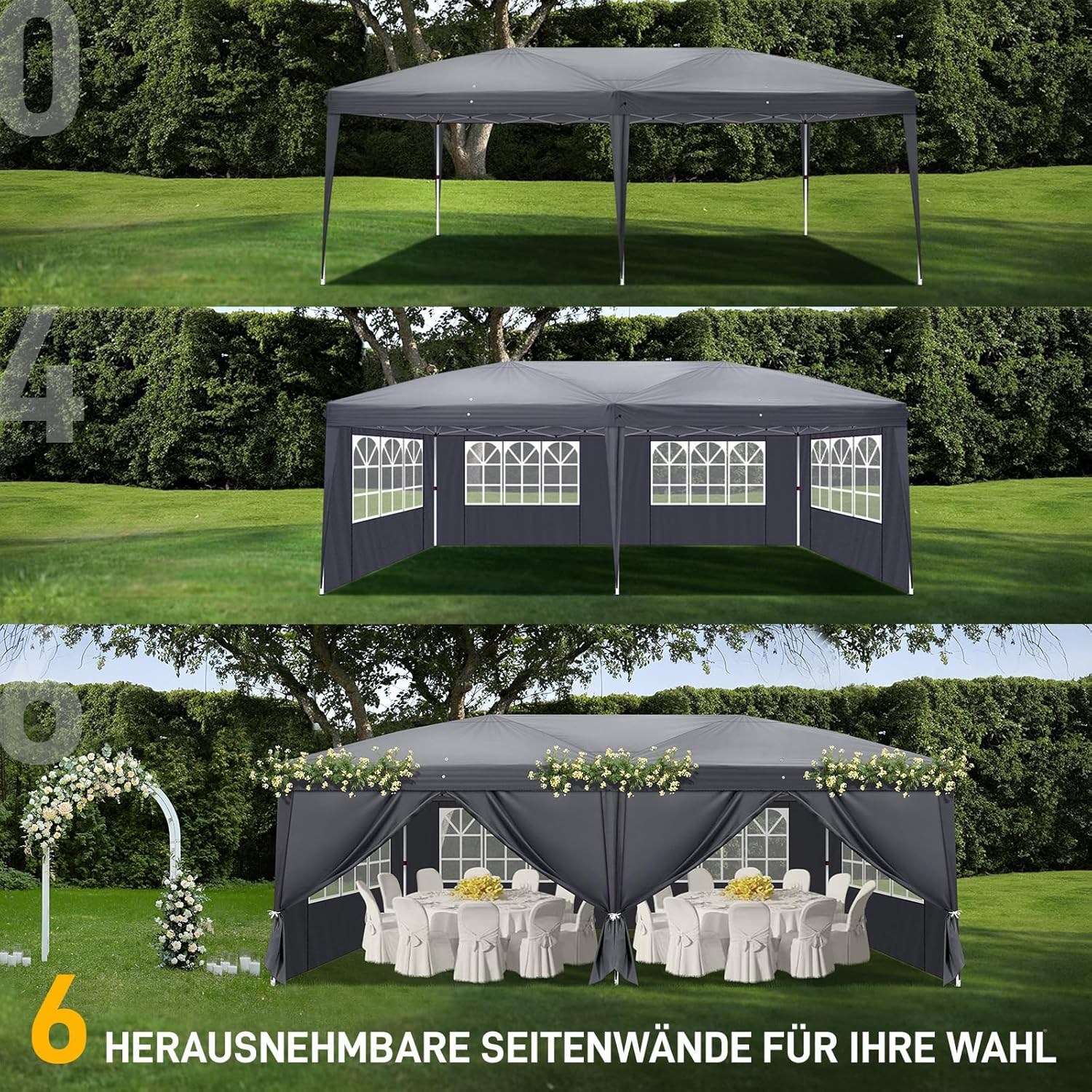 Pavillon 3x6 m,Faltpavillon,Wasserdicht Stabil Winterfest UV Schutz 50+,420D Oxford,Faltbar Höhenverstellbar,Partyzelt,Gartenzelt,Für Garten Camping,Outdoor,Grau,6 Seitenteilen