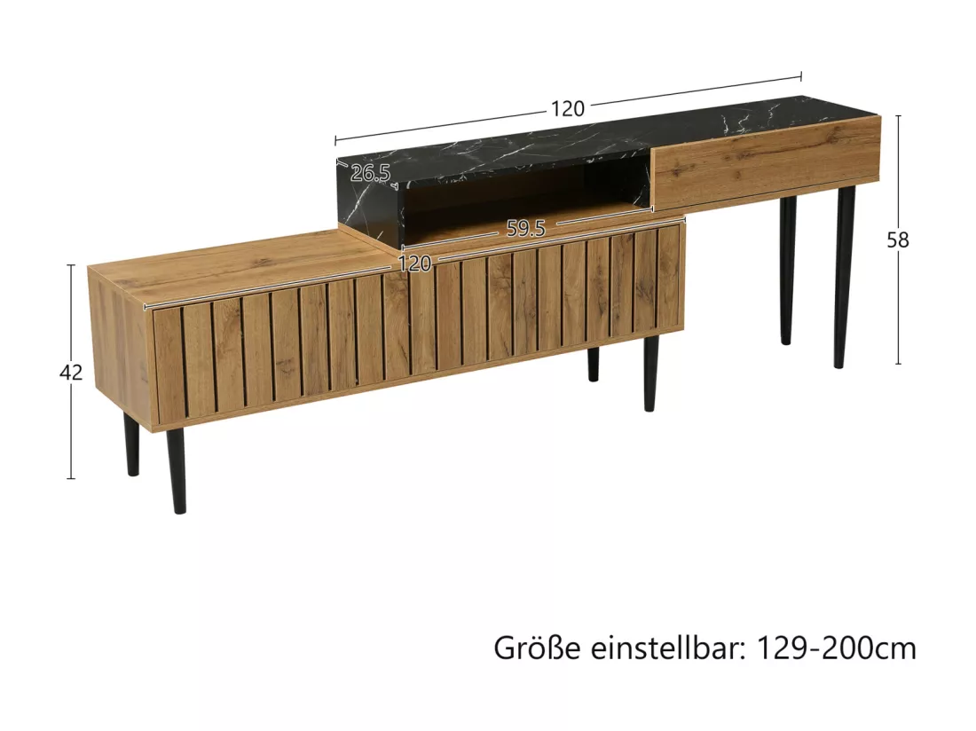 Meuble TV moderne avec design de marbre et de veines de bois -bord en PVC, pieds en fer, couleur bois foncé - 129x30x58cm