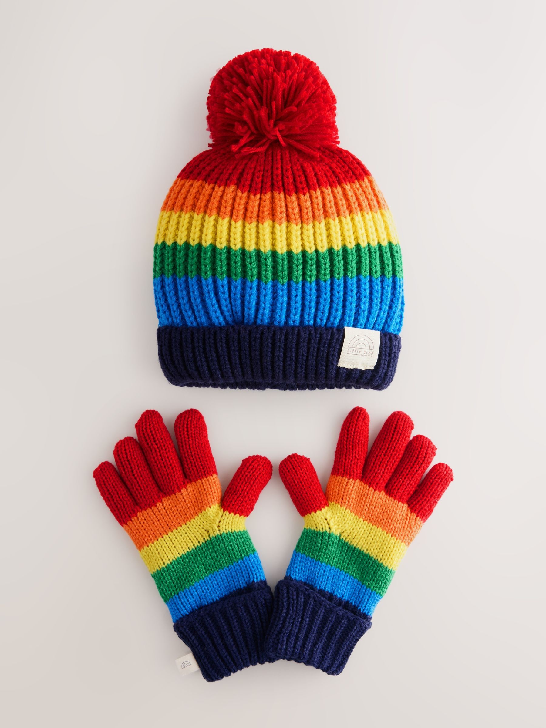 Meerkleurige regenboogstreep - Little Bird by Jools Oliver set van muts met wanten of handschoenen