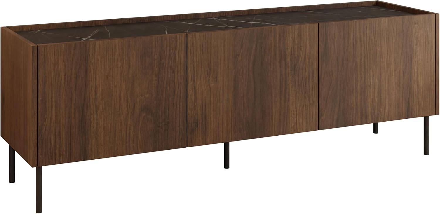 Mirjan24 TV Lowboard Tewos 144, TV Schrank mit 3 Türen, gedämpftem Schließsystem, Fernsehschrank, Fernsehtisch, Unterschrank (Nuss Warmia + Marmor Schwarz)
