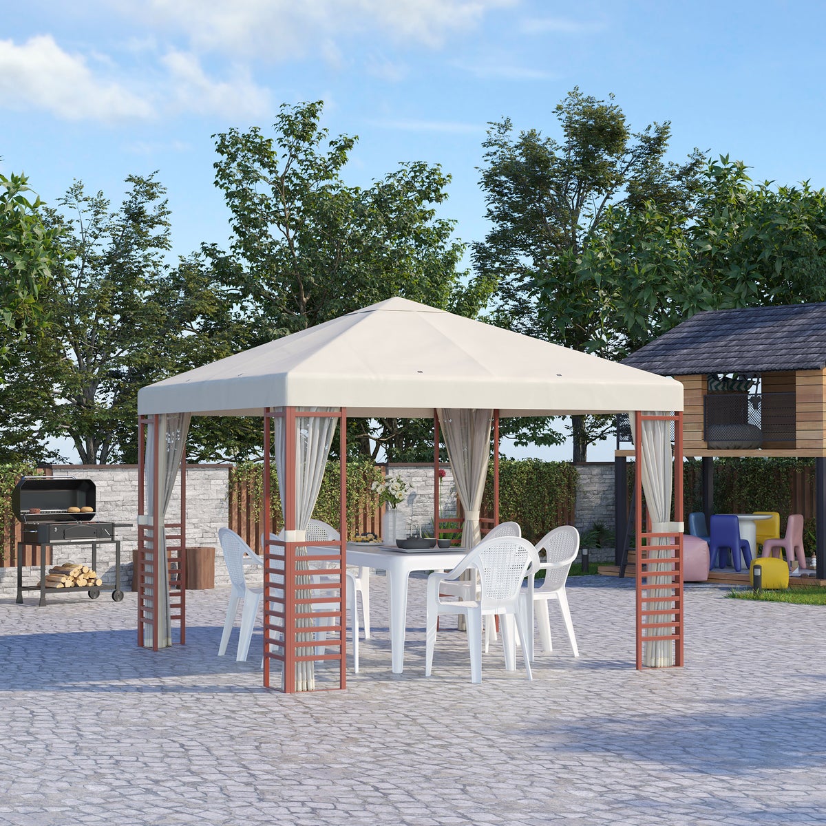 Outsunny Pavilion 2,96 x 2,96 m, Tuinpaviljoen, Tuintent, 296L x 296B x 260H cm, Staal, Polyester, Beige