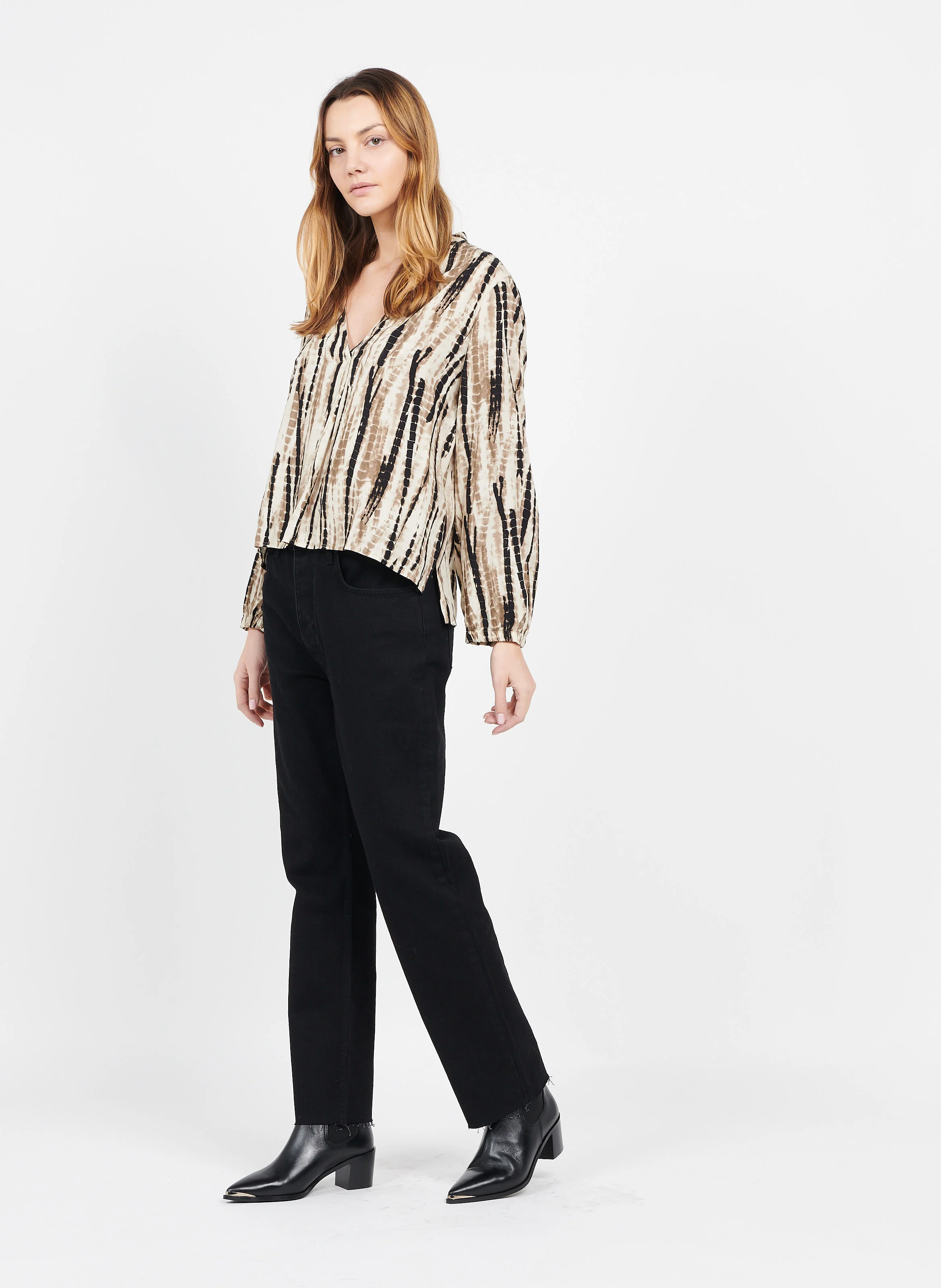 Blouse imprimée à Col V Profond en viscose| Beige