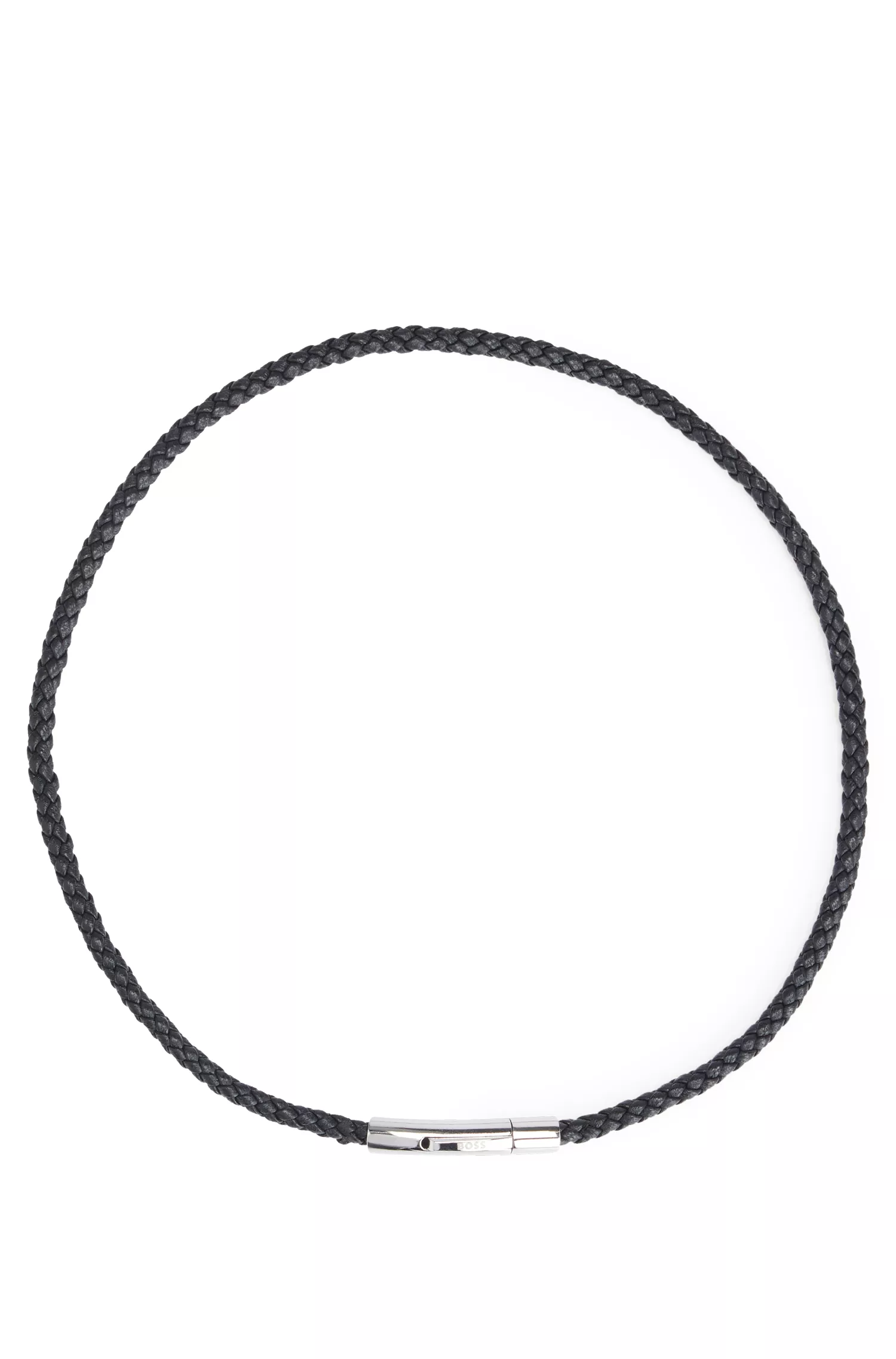 Bracelete BOSS preto em couro italiano trançado duplo com fecho com logotipo.