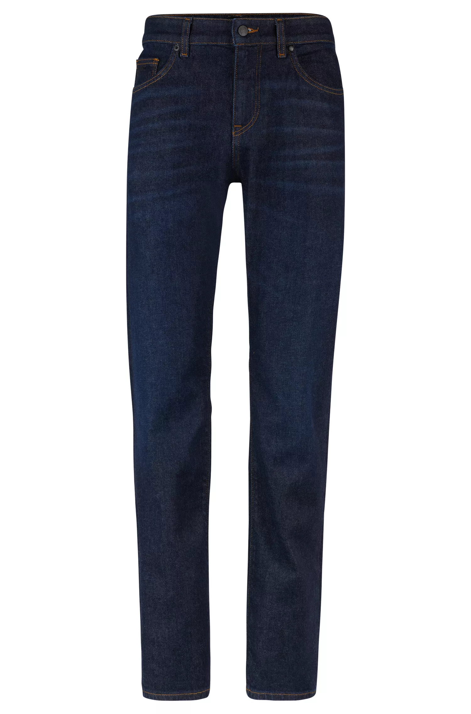 Calça jeans BOSS preta, corte regular, em denim azul-escuro com elasticidade confortável.