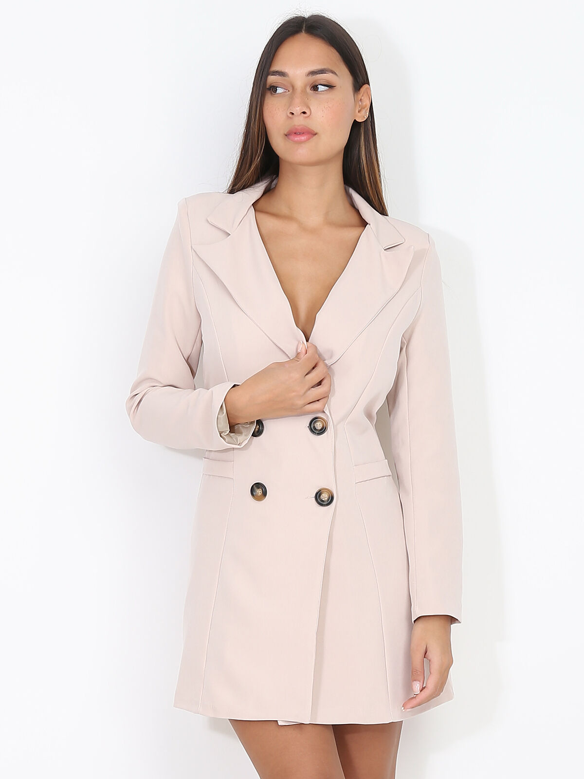 Robe blazer cintrée et boutonnée- Nude