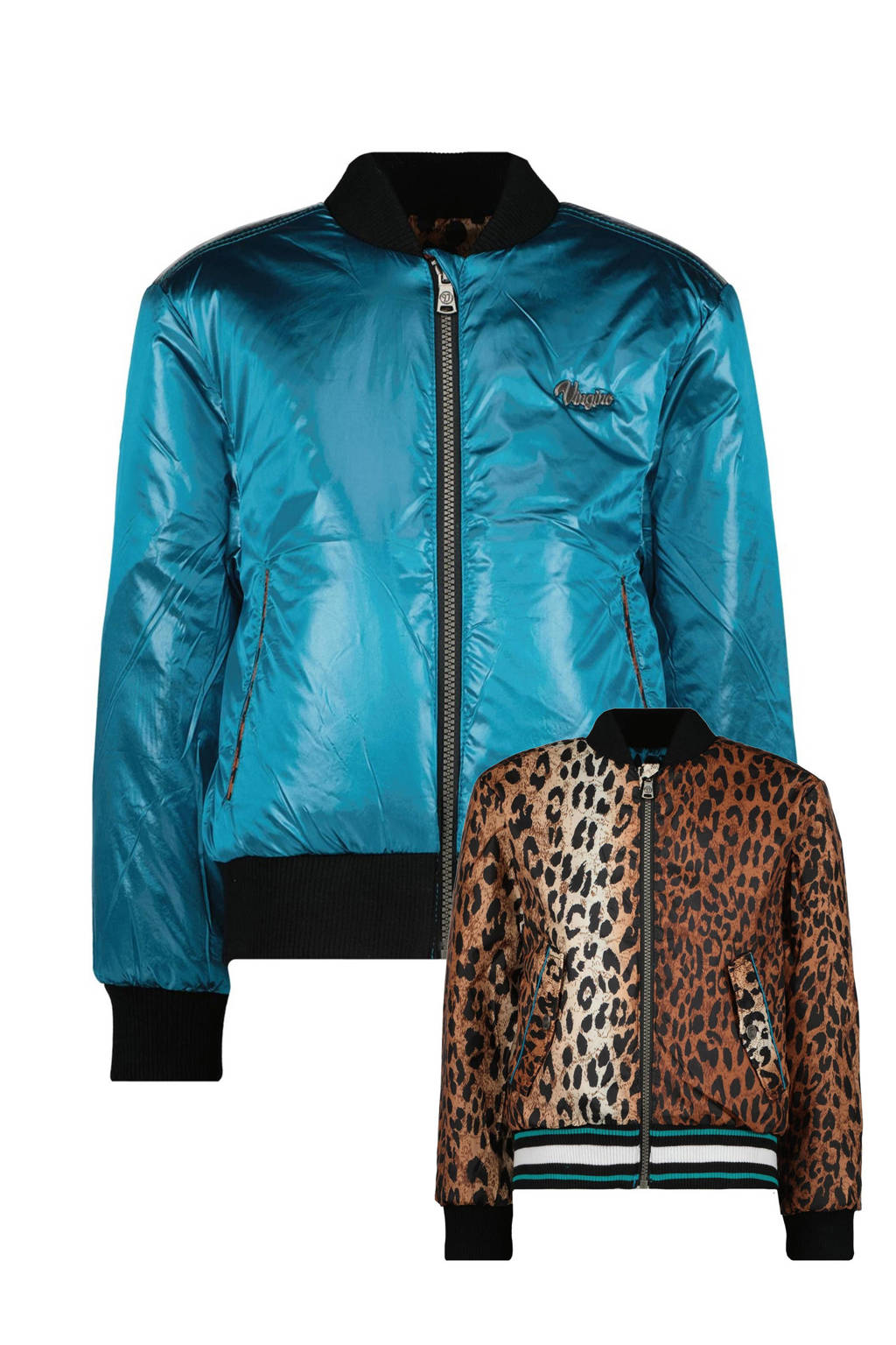 Vingino reversible bomberjack Tarbara met panterprint aqua blauw/bruin