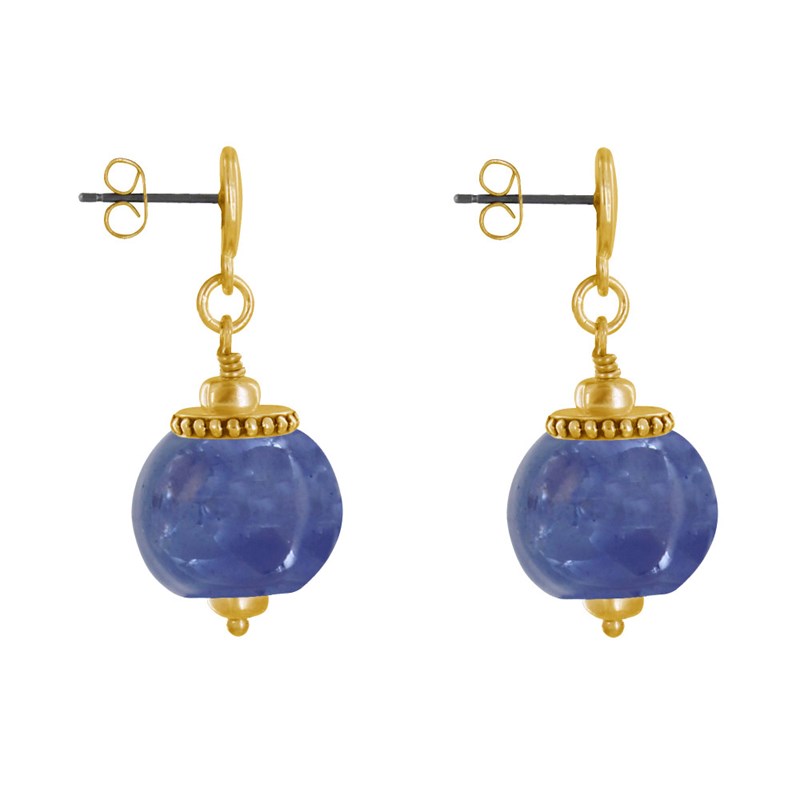 Boucles d'Oreilles Clous Métal Doré et Grosses Perles en Céramique