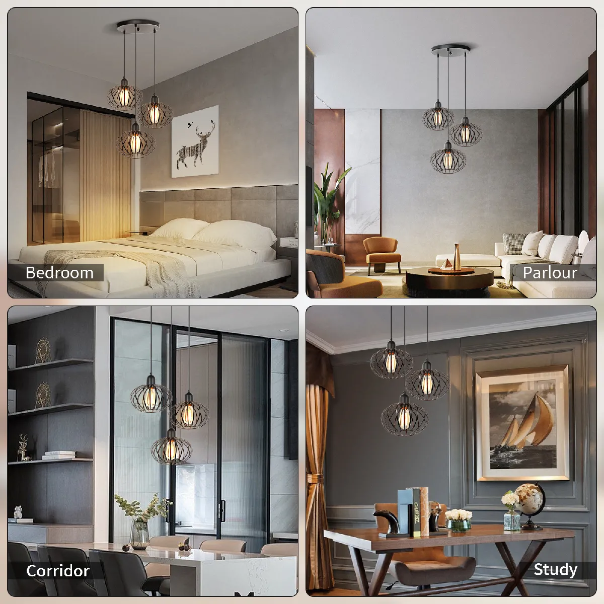Stoex Lustre Vintage 3 Lumières Suspension Luminaire Rétro E27 Suspension Lustre Intérieur (Noir) Plafonnier Rond En Métal Pour Salon Cuisine Chambre