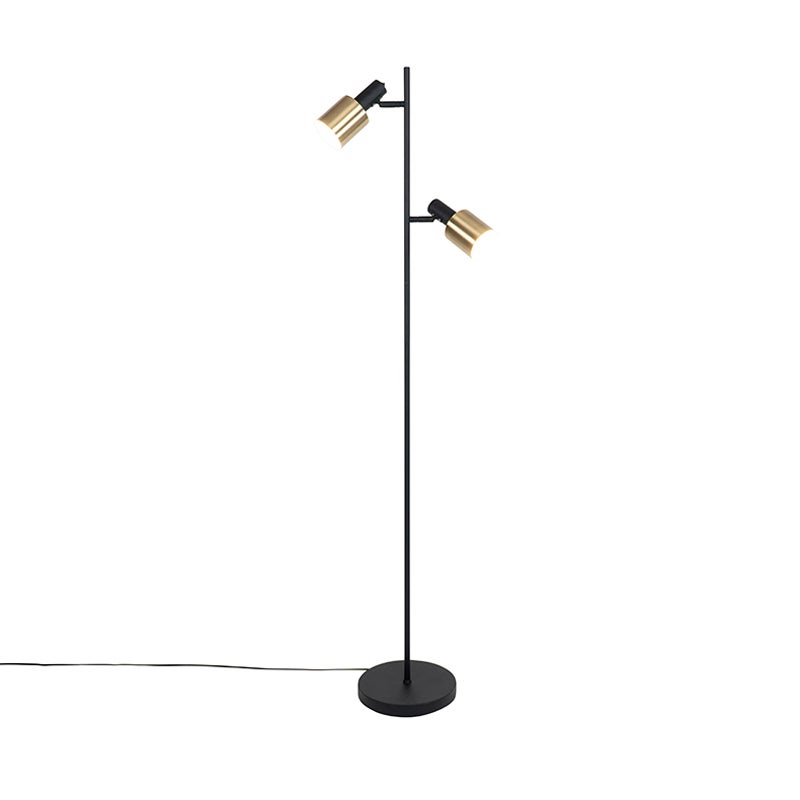 QAZQA - Moderne design vloerlamp, zwart met gouden en messing accenten, 2 lampen - Stijn, woonkamer en slaapkamer - staal, langwerpig - LED-compatibel, E27