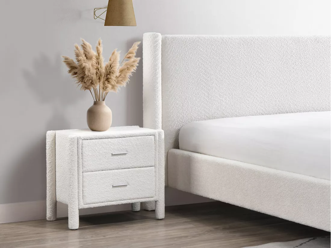 Table de chevet avec 2 tiroirs - Tissu bouclette - Blanc - CONOMO