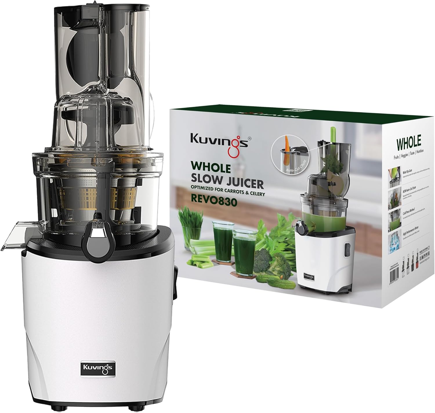 Kuvings | Entsafter | REVO830 | Slow Juicer | Doppelte Einfüllöffnung | automatisches Schneidesystem | inkl.Smoothie & Sorbet Filter Set | Mattschwarz_KSP-2478CE (Matt White)