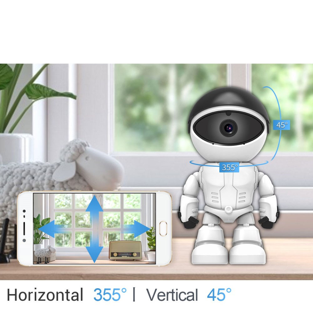 355° WiFi Internet IP Kamera 2MP Roboter mit IR Nachtsichtfunktion / Auto Tracking / Bewegungserkennung / 2-Wege-Audio (iOS/Android) - Weiss