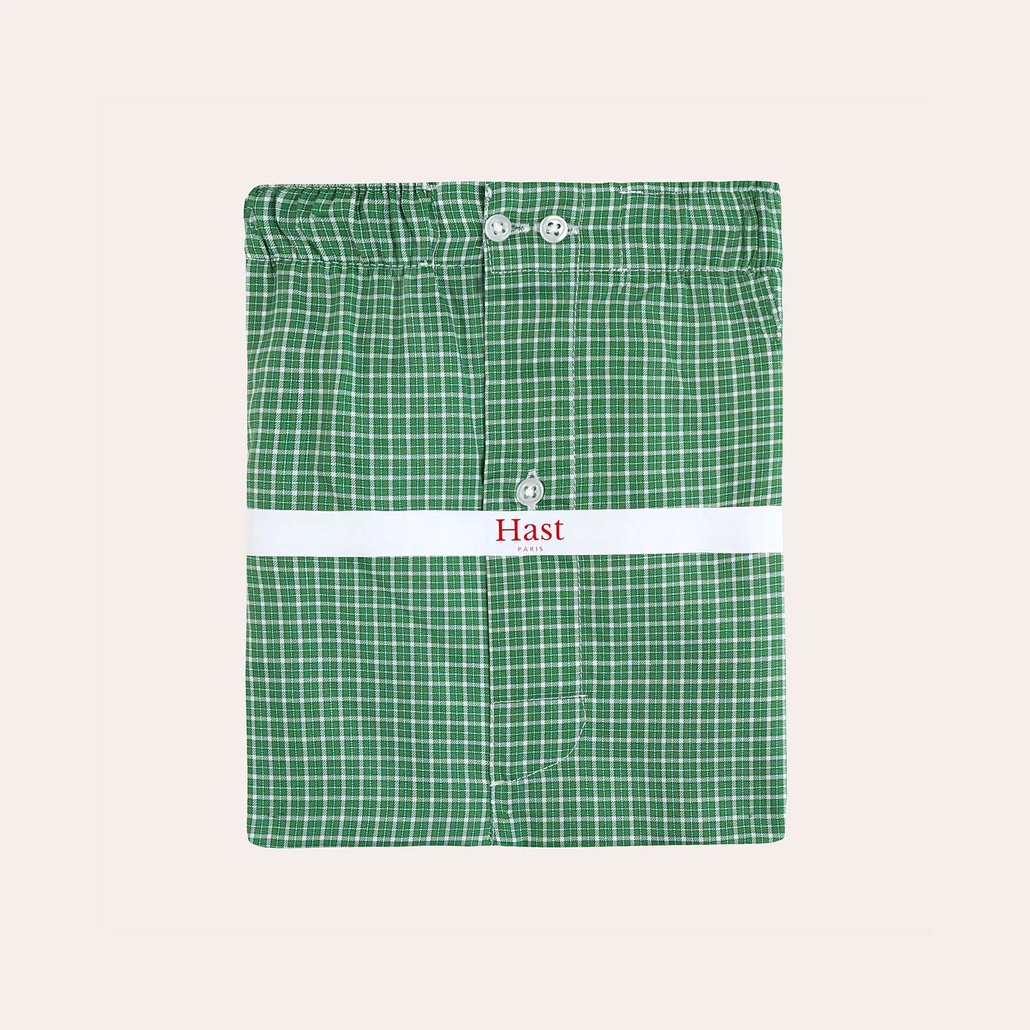 Upcycled boxer shorts with green and white checks