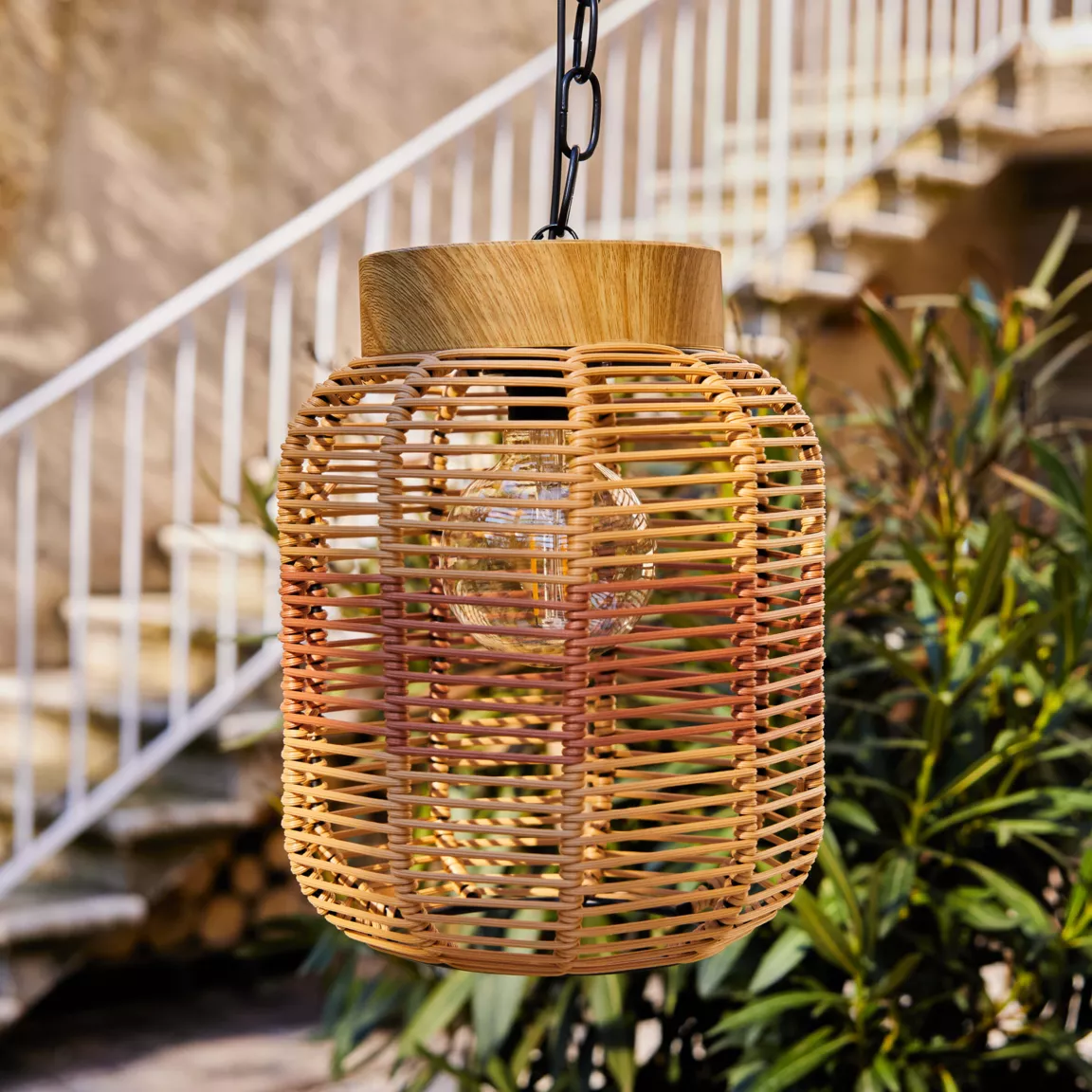 Suspension de jardin solaire résine tressée LED (D20 cm) Toscane Terracotta