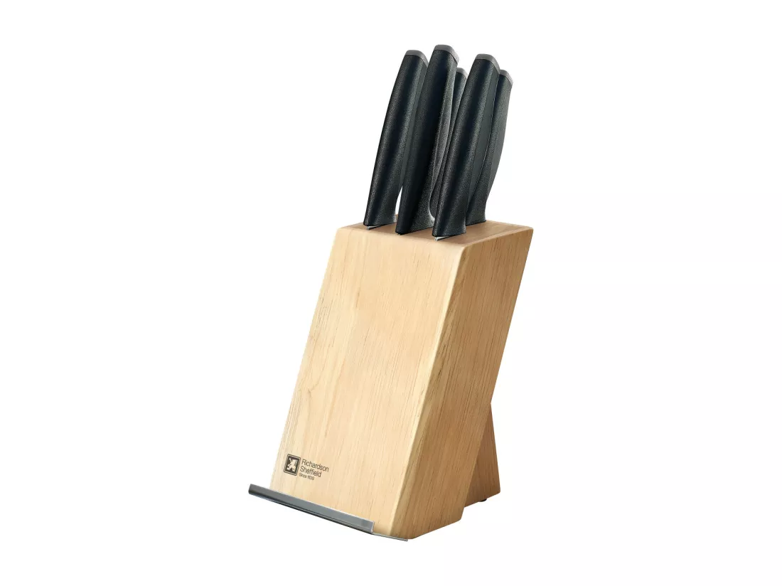 Advantage - Bloc bois naturel 5 pièces lames inox avec porte tablette