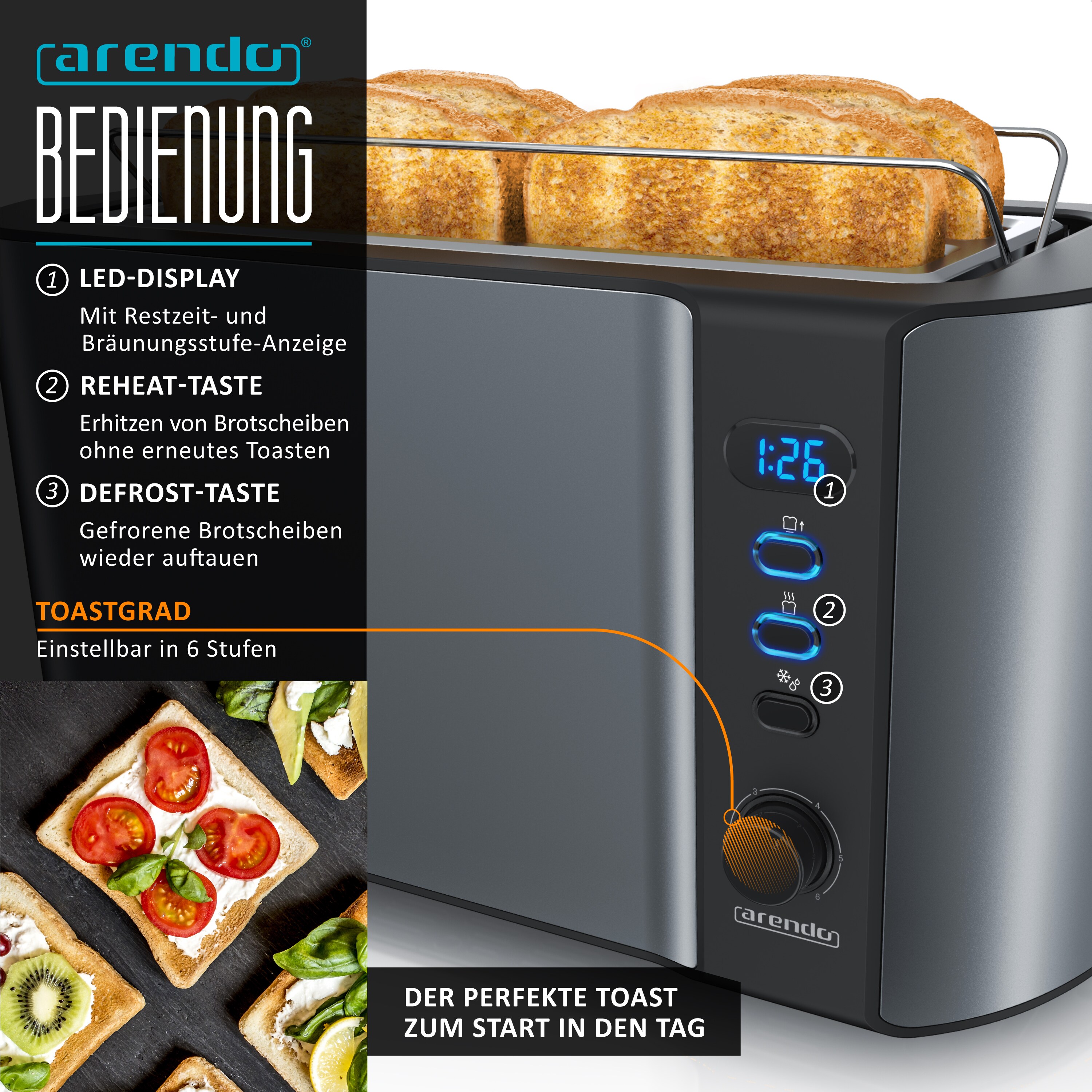 Arendo - SET Toaster FRUKOST mit Eierkocher SEVENCOOK Edelstahl Grau, Toaster 4 Scheiben, LED-Display, 6 Bräunungsgrade, Brötchenhalter - Eierkocher