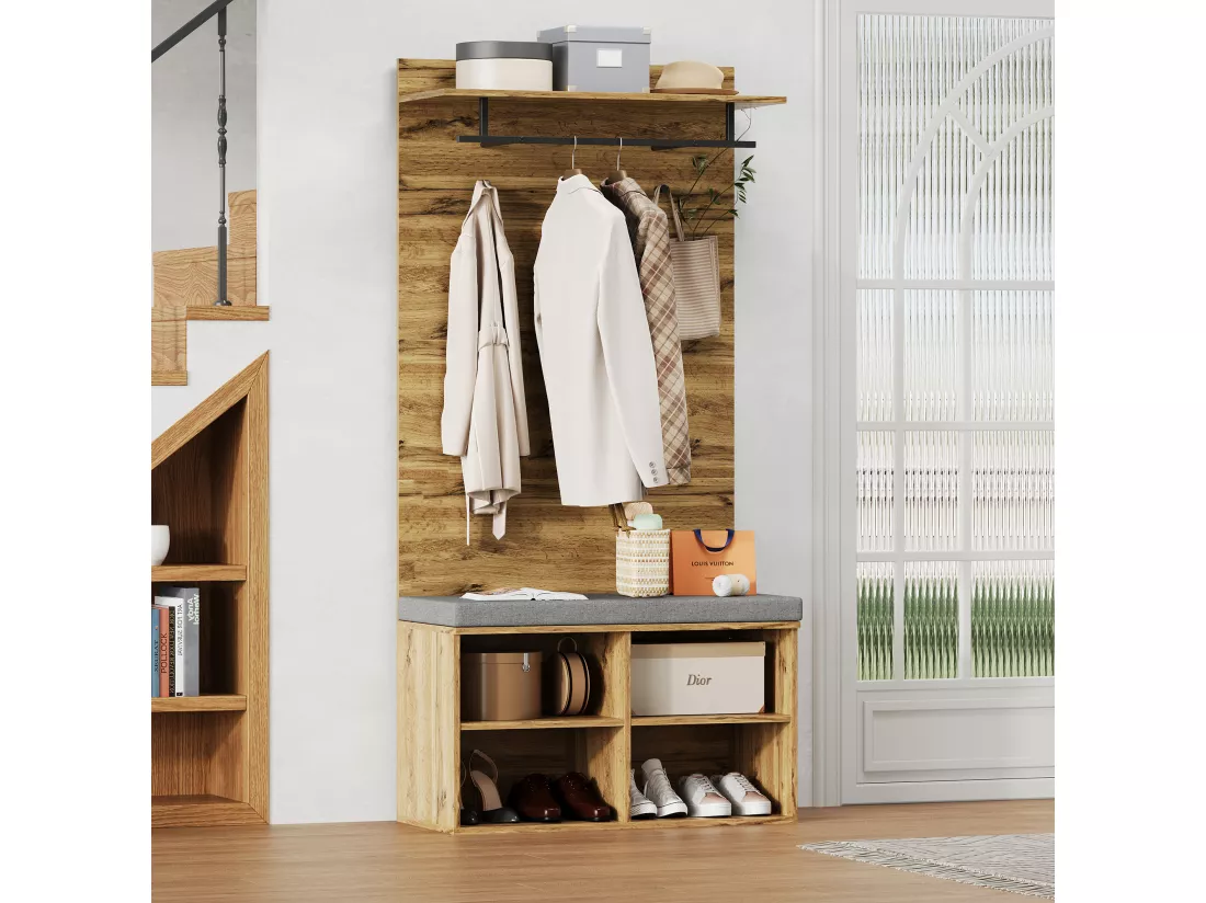 Meuble à chaussures avec banc, 2 portes et porte-manteau - 175 x 84 x 37 cm - Panneaux de particules - Etagère réglable - Chêne