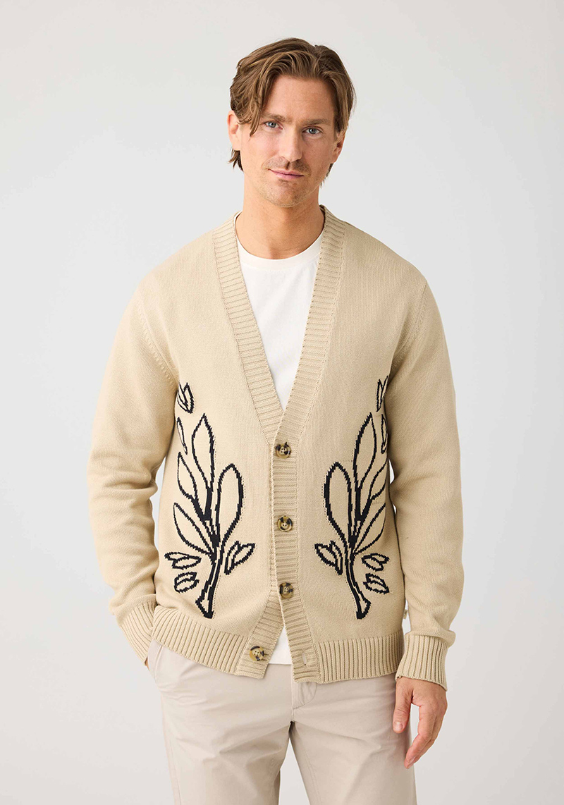 Knowledge Cotton Apparel Cardigan SOS Jacquard Knitted Light Feather Gray