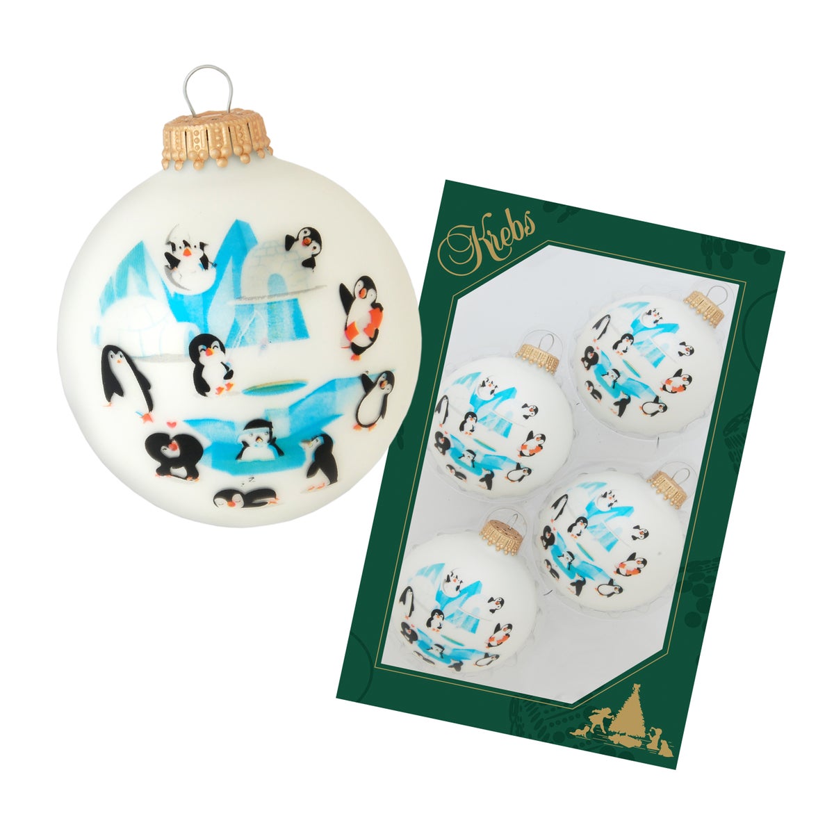 Witte matte glazen bal van 7 cm versierd met pinguïns, 4 stuks, kerstballen, kerstversieringen, kerstversieringen voor de kerstboom