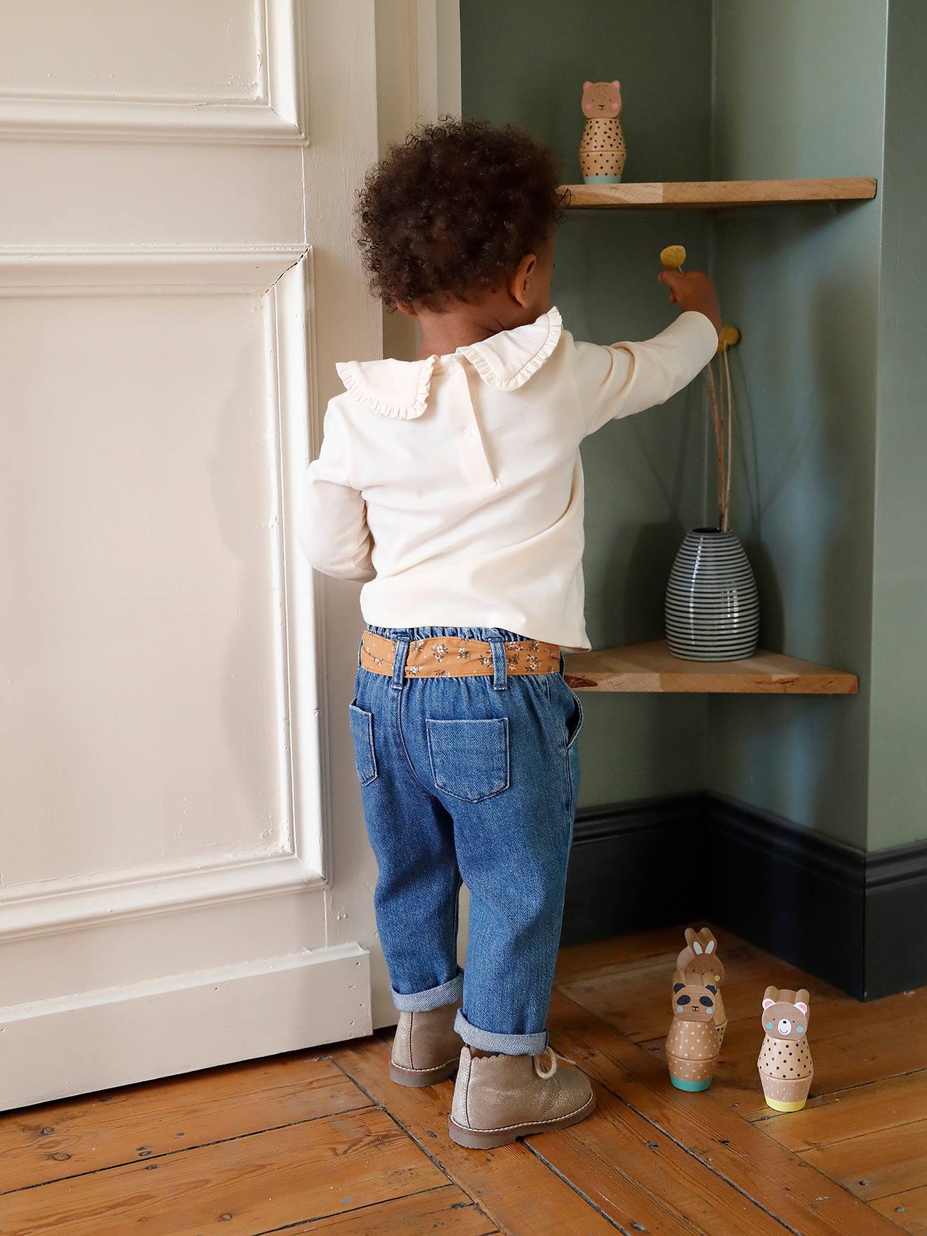 Calça jeans com cinto de tecido, para bebê, azul escuro liso