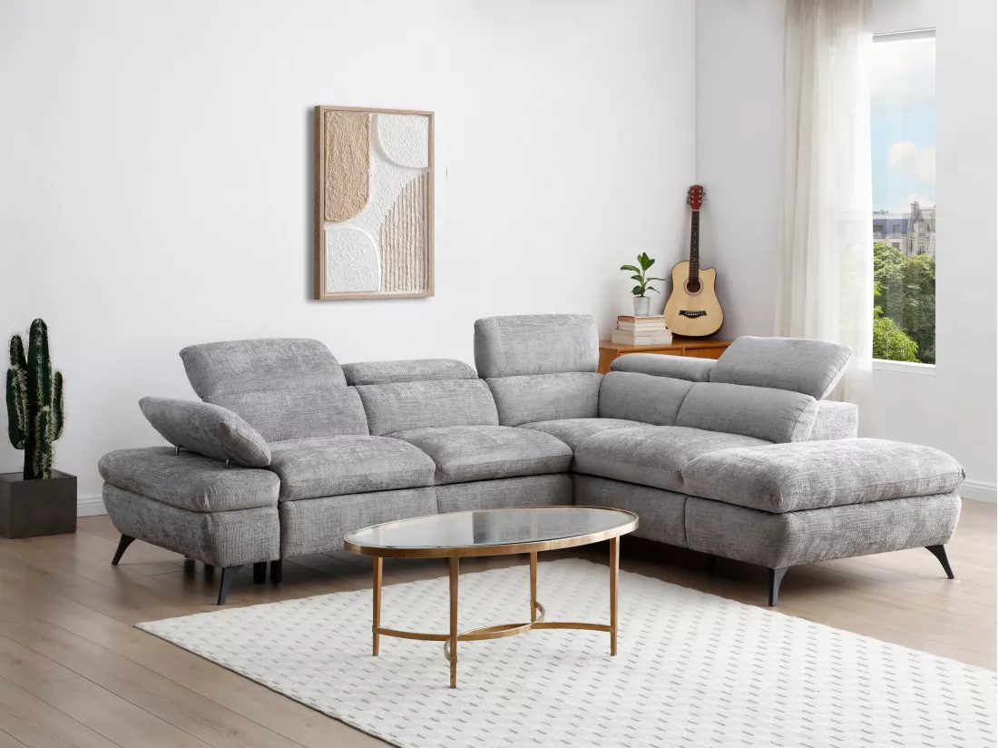 Canapé d'angle droit convertible en tissu texturé gris SURDELI