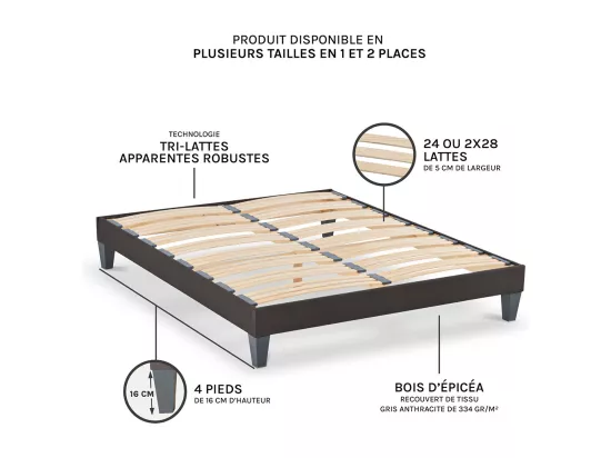OLYMPE LITERIE | Sommier à lattes en bois KIT15 200x220 cm | Coloris Gris anthracite | Livré en kit