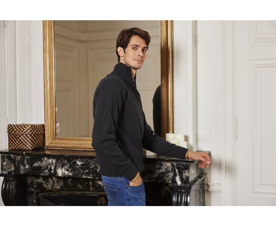 Pull homme laine col zippé Gris Anthracite Chiné - KENNETH