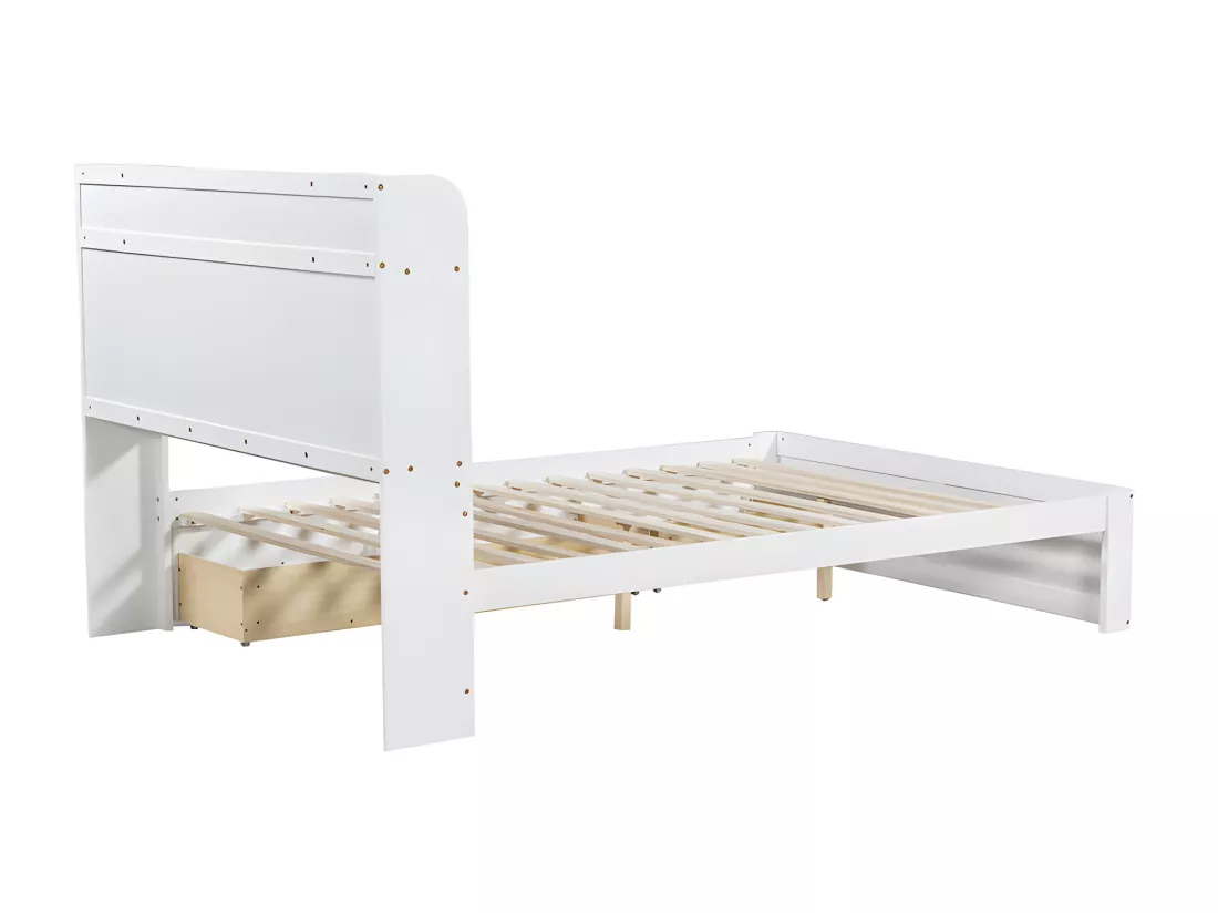 Lit double 140x200cm - en bois de pin et MDF - tête de rangement avec étagères ouvertes et 3 tiroirs - Blanc