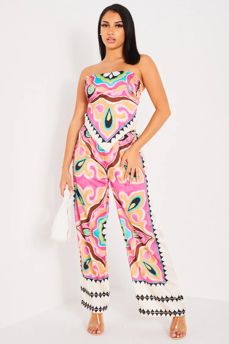 Ensemble 2 pièces crop top + pantalon beige abstrait