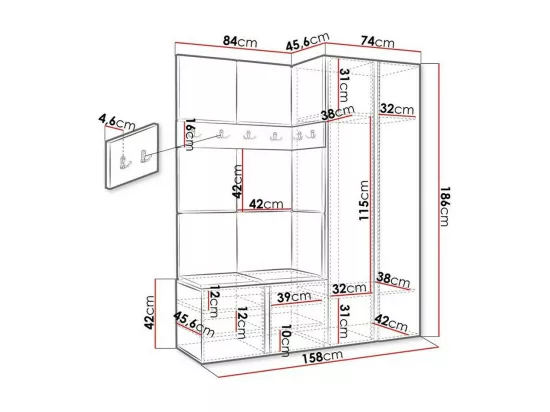 Meuble d'entrée Hartford 266, 186x158x46cm, Blanc, Tapisserie|Stratifié