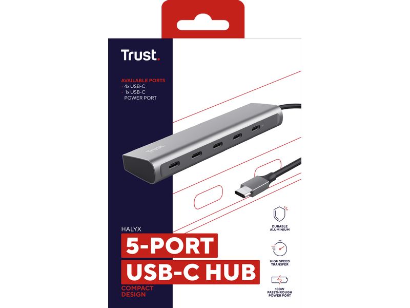 Trust Halyx USB-C-Hub mit 5 Ports Aluminium-USB-C-Hub für vier zusätzliche USB-C-Anschlüsse