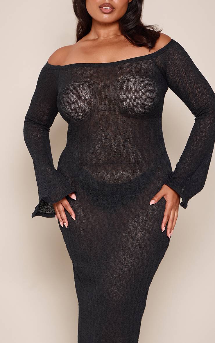 Noir Robe Longue Grande Taille À Manches Longues Texturée