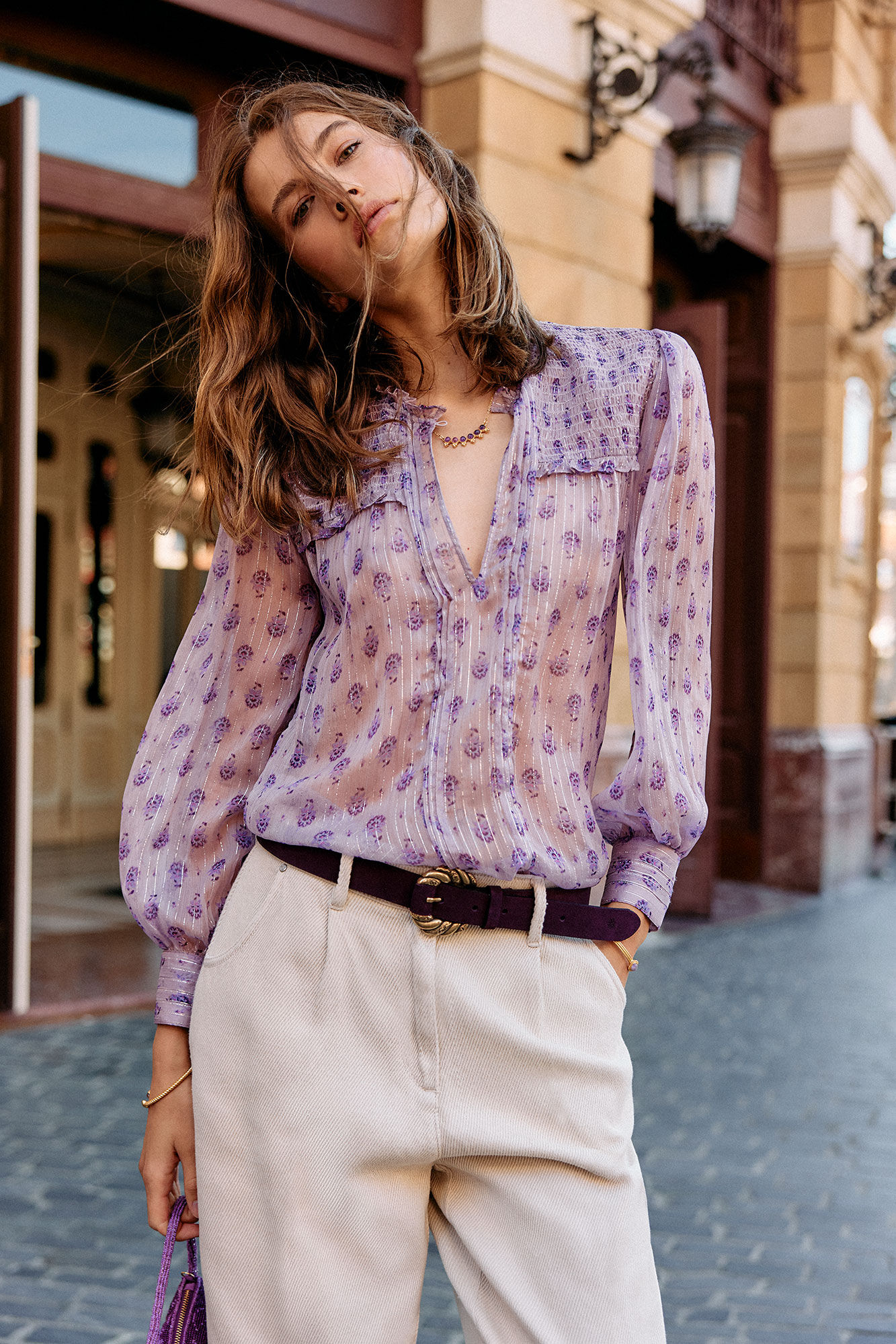 Blusa Maya estampada com fio metálico - Rosa