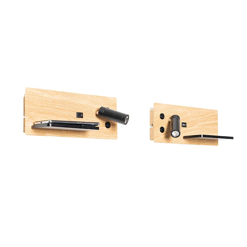 Set van 2 wandlamp zwart met hout incl. LED met USB en inductielader - Riza